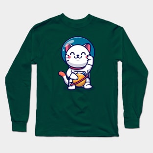 Cute Cat Astronaut With Planet Cartoon Long Sleeve T-Shirt